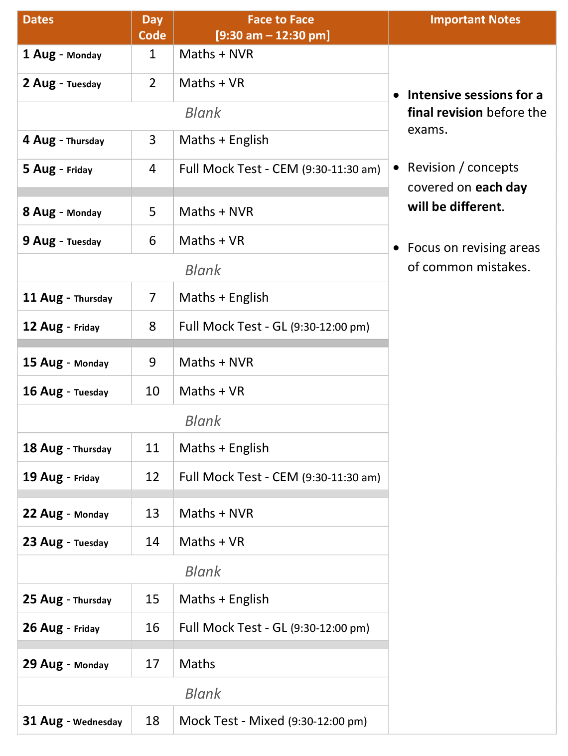 Timetable